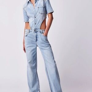 SER.O.YA Karen Cut-Out Denim Jumpsuit color is Coastline size XS
